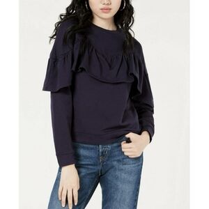 Purple long sleeve ruffled blouse with crew neck and bib collar